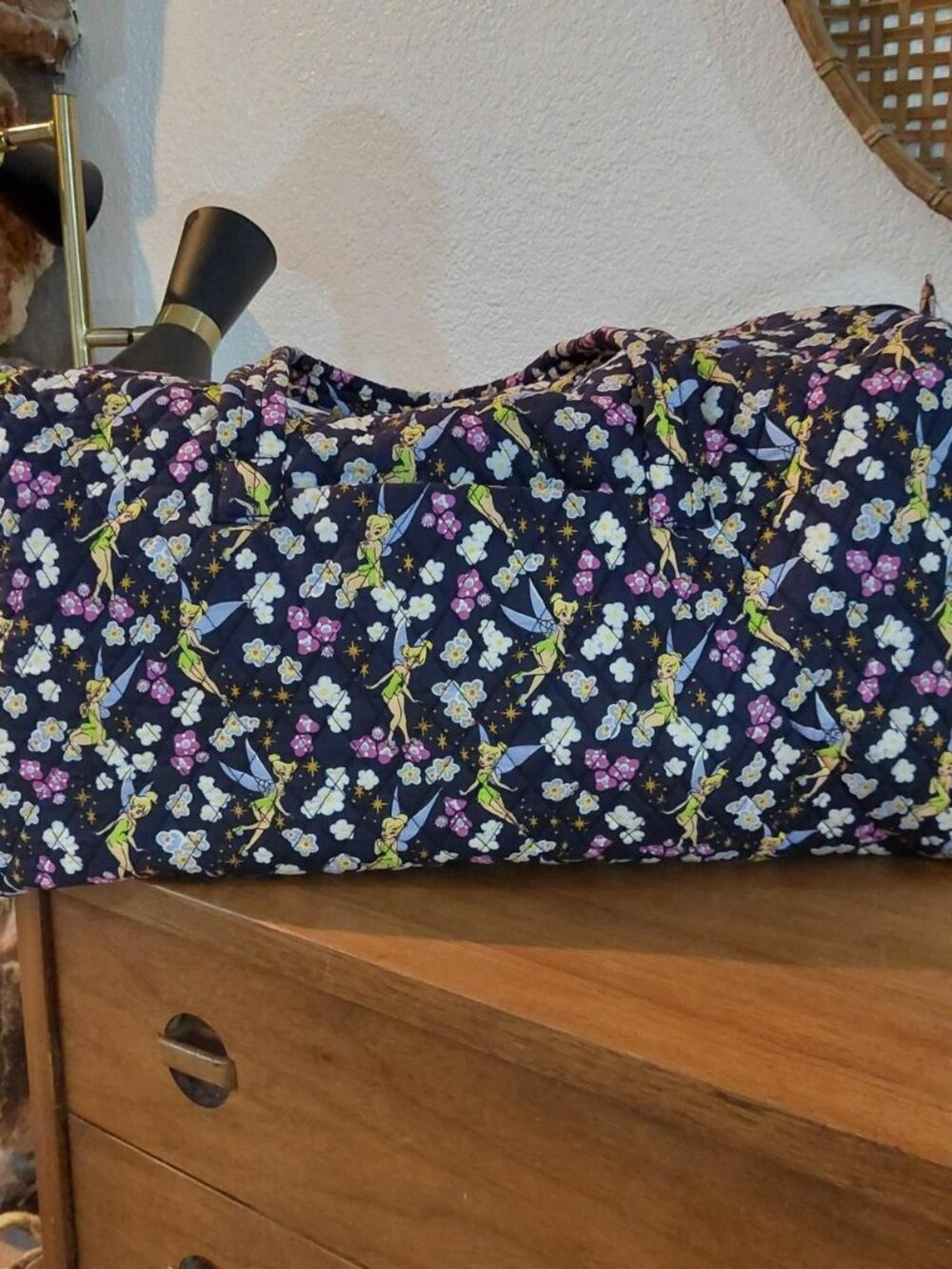 vera bradley Disney Tinkerbell duffle bag with repeating pattern of Tinker Bell
